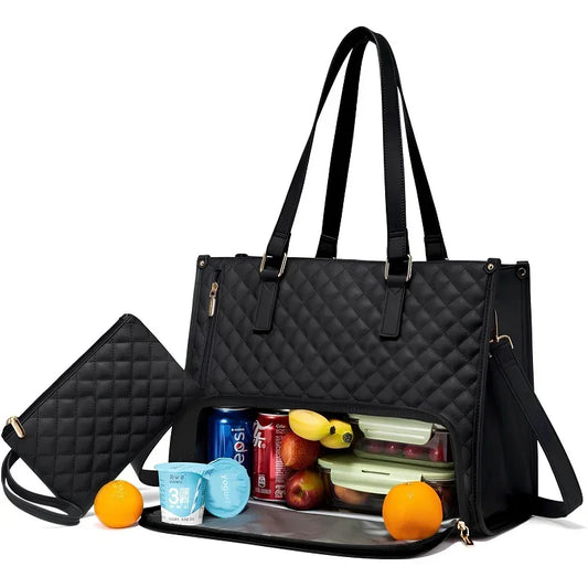 TROUVA Black 2-in-1 work tote with insulated lunch compartment