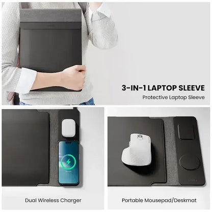 wireless charging laptop sleeve showing phone charging pad