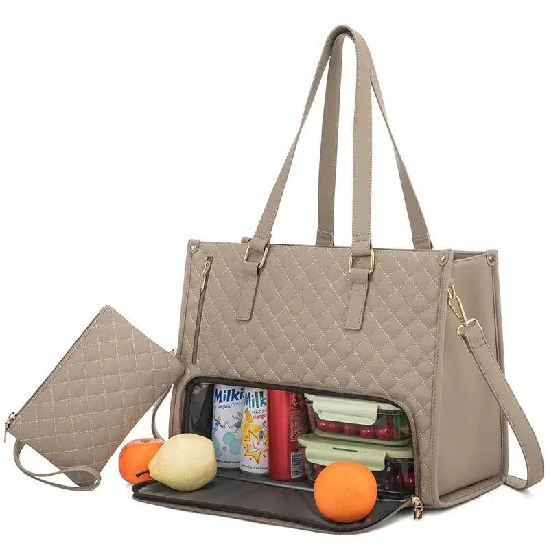 TROUVA Beige 2-in-1 work tote with insulated lunch compartment
