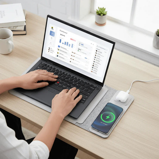 professional using charging laptop sleeve with wireless charger