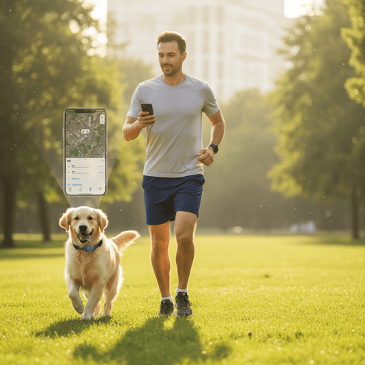 Dog with owner in park using smartphone to track pet location with GPS collar
