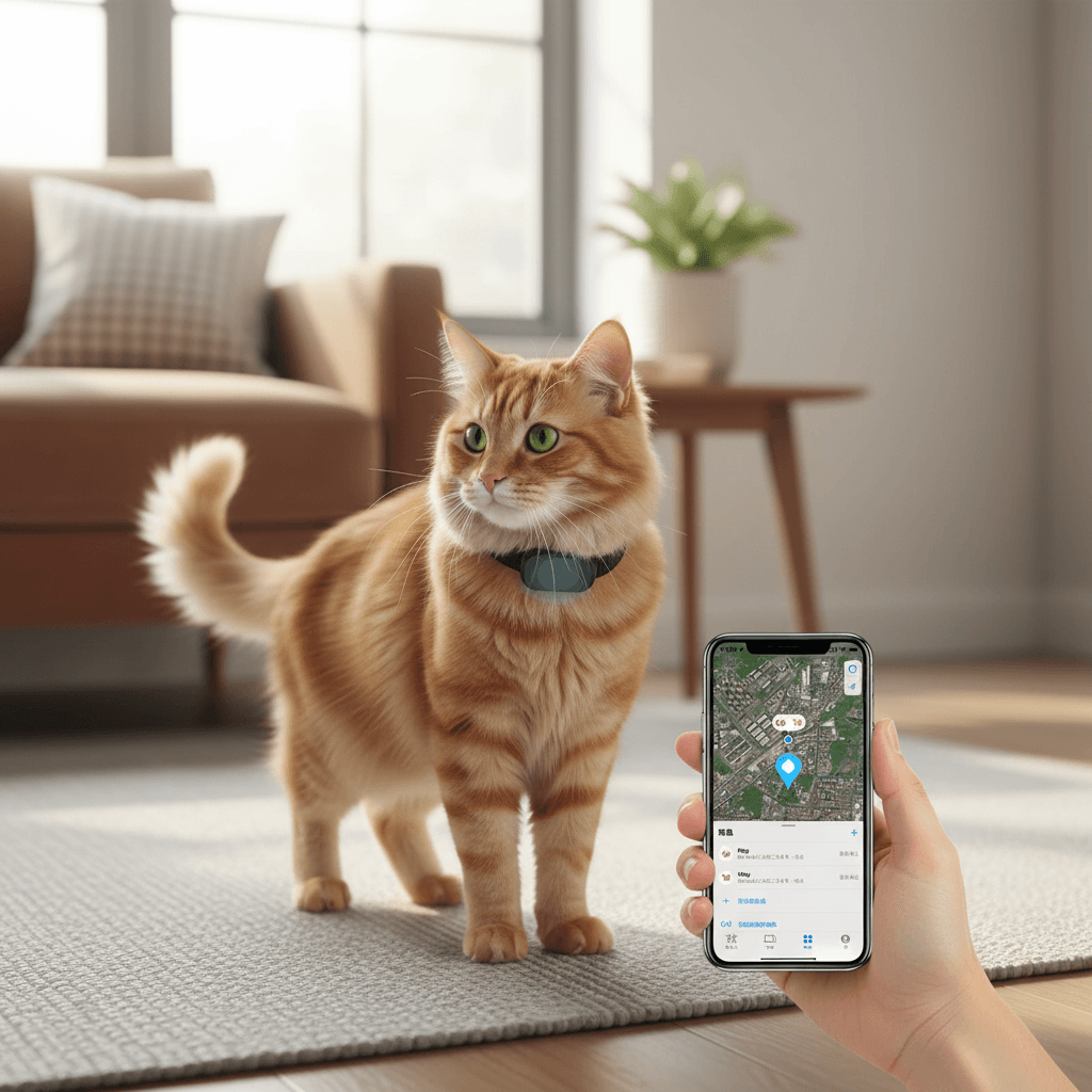 Pet wearing GPS tracker collar indoors next to smartphone