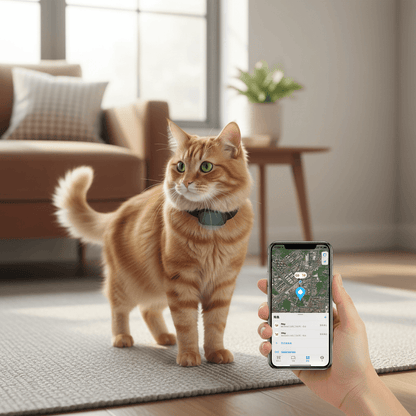 Pet wearing GPS tracker collar indoors next to smartphone