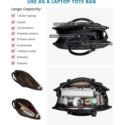 PU leather tote showing top laptop section and lower insulated food area