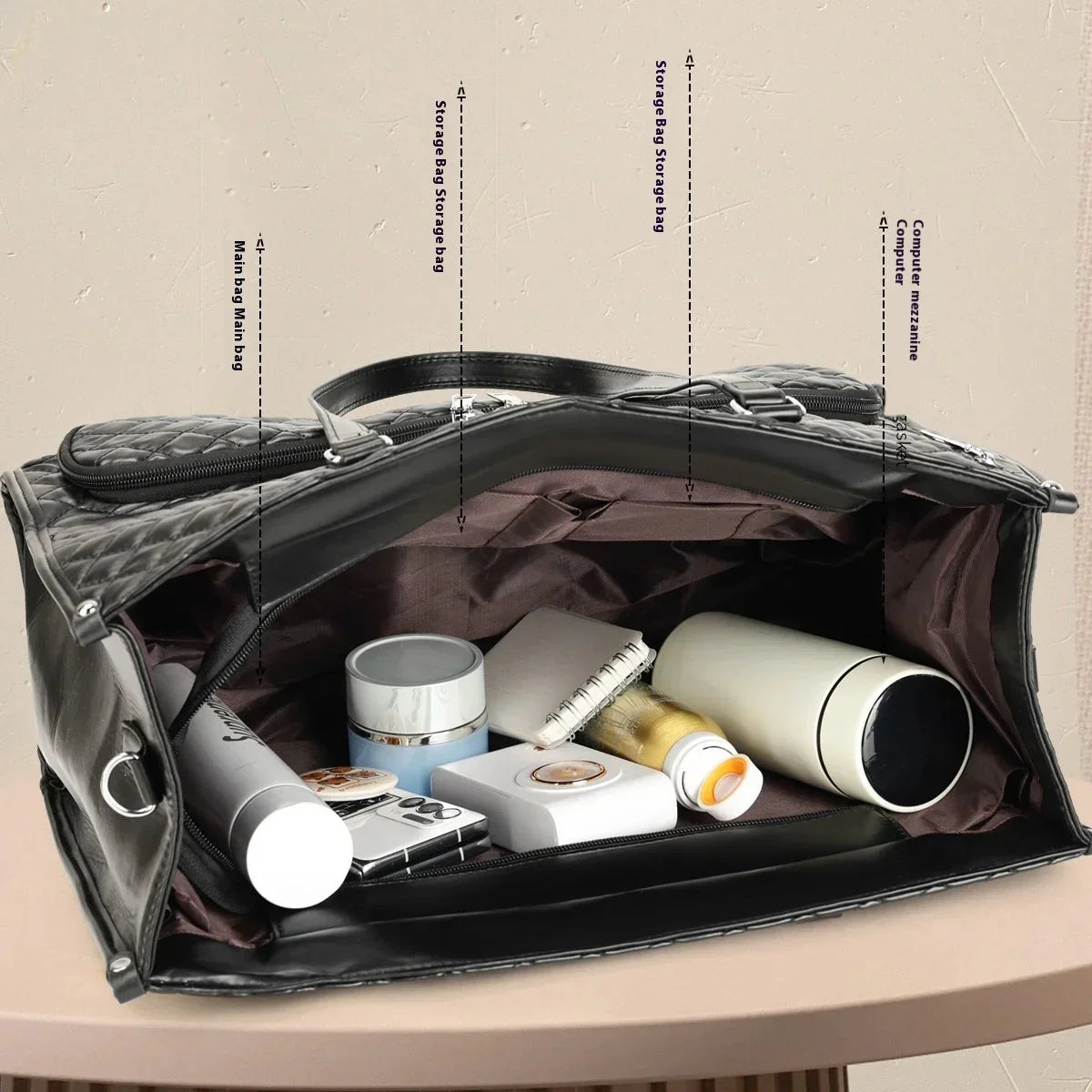 Open view with 15.6-inch laptop, pouch, and detachable strap inside bag”